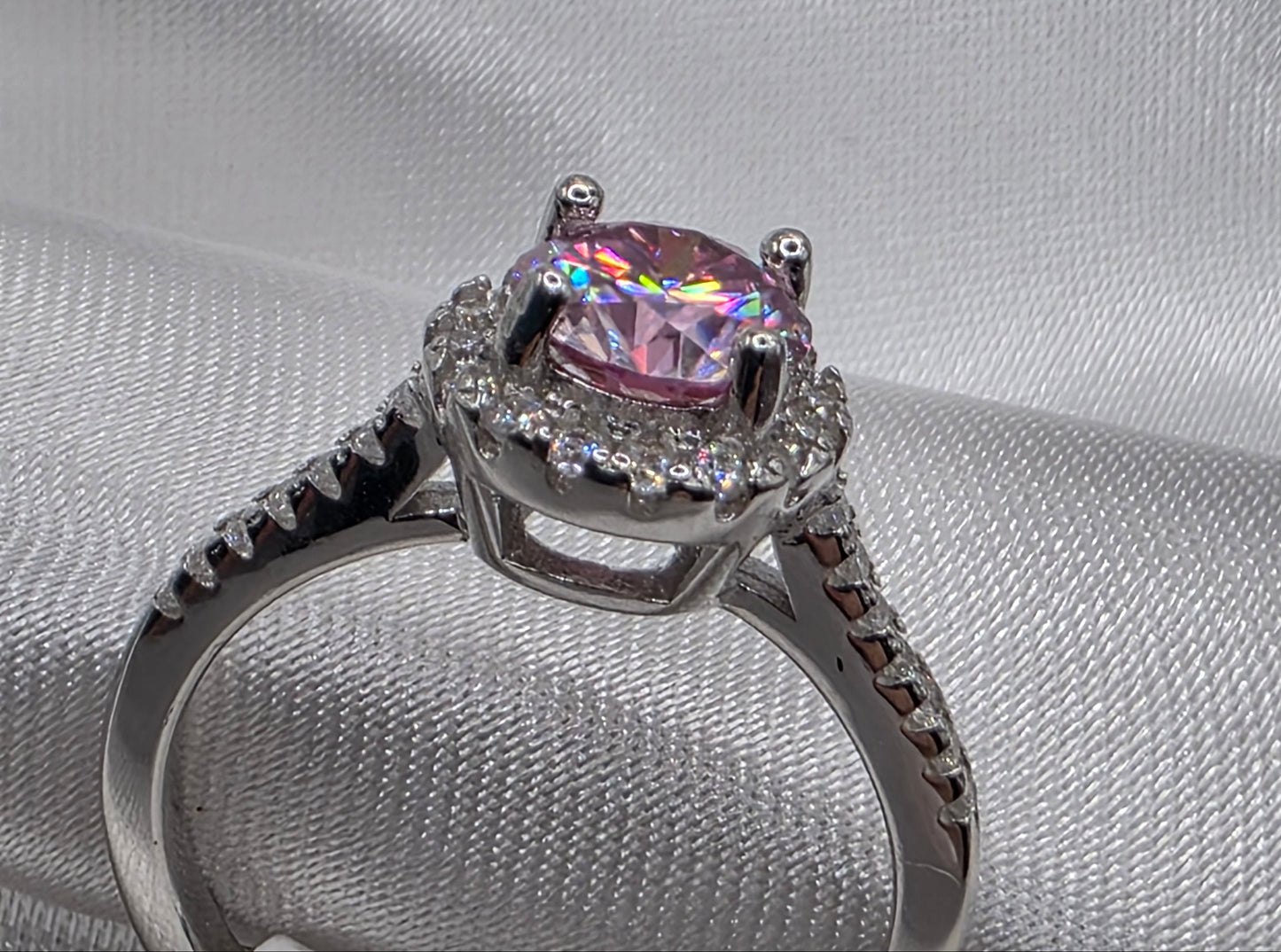 1 Ctw Pink Round Moissanite w Halo, size 6.5