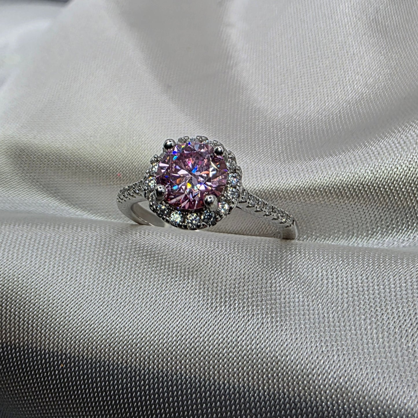 1 Ctw Pink Round Moissanite w Halo, size 6.5