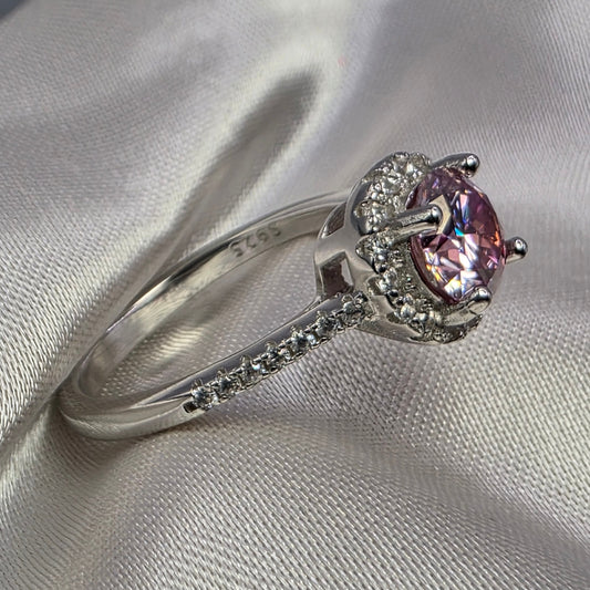 1 Ctw Pink Round Moissanite w Halo, size 6.5