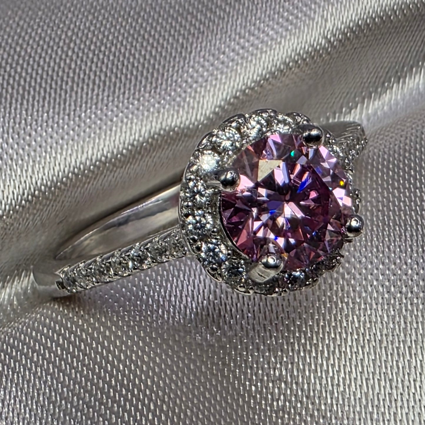 1 Ctw Pink Round Moissanite w Halo, size 6.5