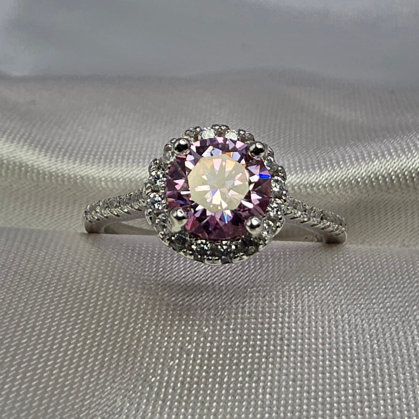 1 Ctw Pink Round Moissanite w Halo, size 6.5