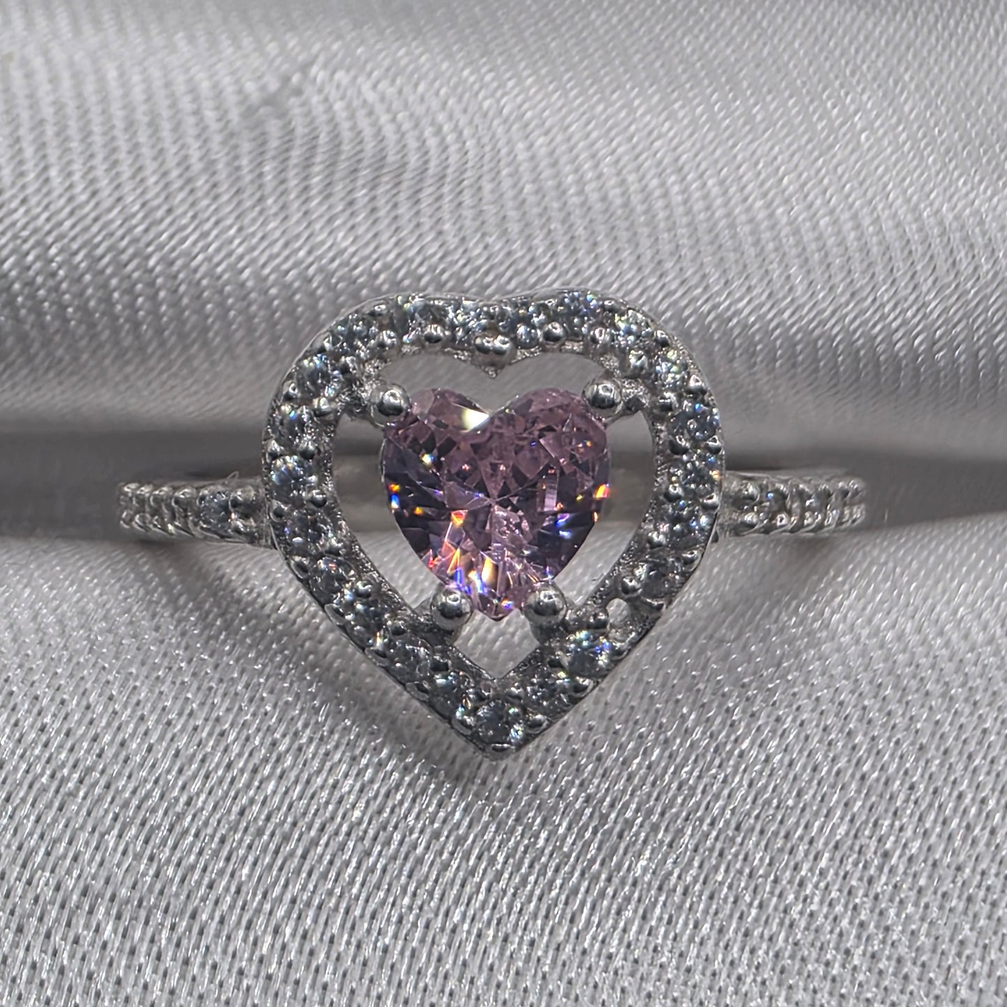 1 ctw Pink CZ heart, moissanite halo, size 6.0