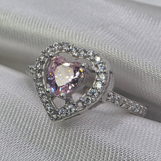 1 ctw Pink CZ heart, moissanite halo, size 6.0