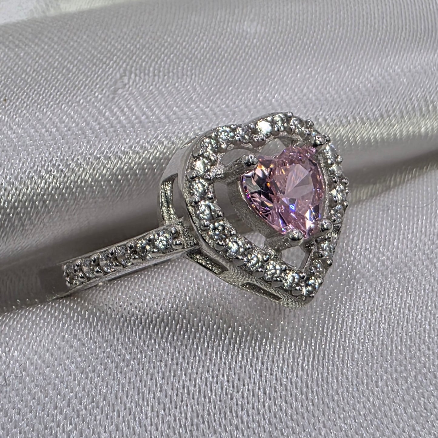 1 ctw Pink CZ heart, moissanite halo, size 6.0