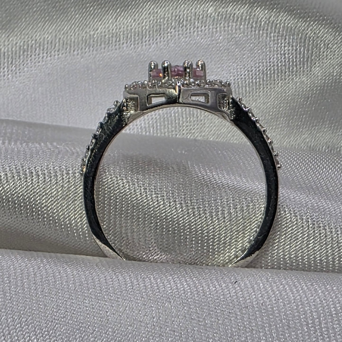 1 ctw Pink CZ heart, moissanite halo, size 6.0
