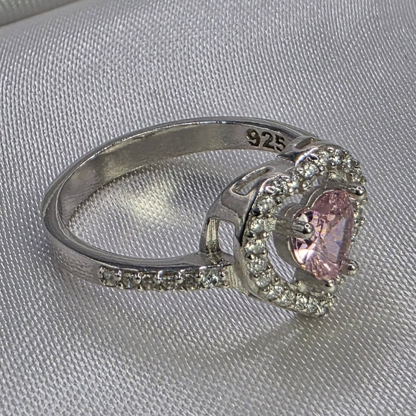 1 ctw Pink CZ heart, moissanite halo, size 6.0