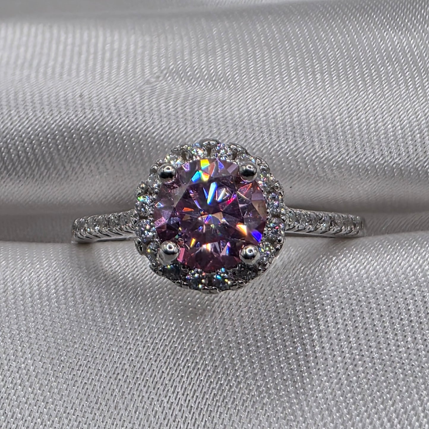 1 Ctw Pink Round Moissanite w Halo, size 6.5