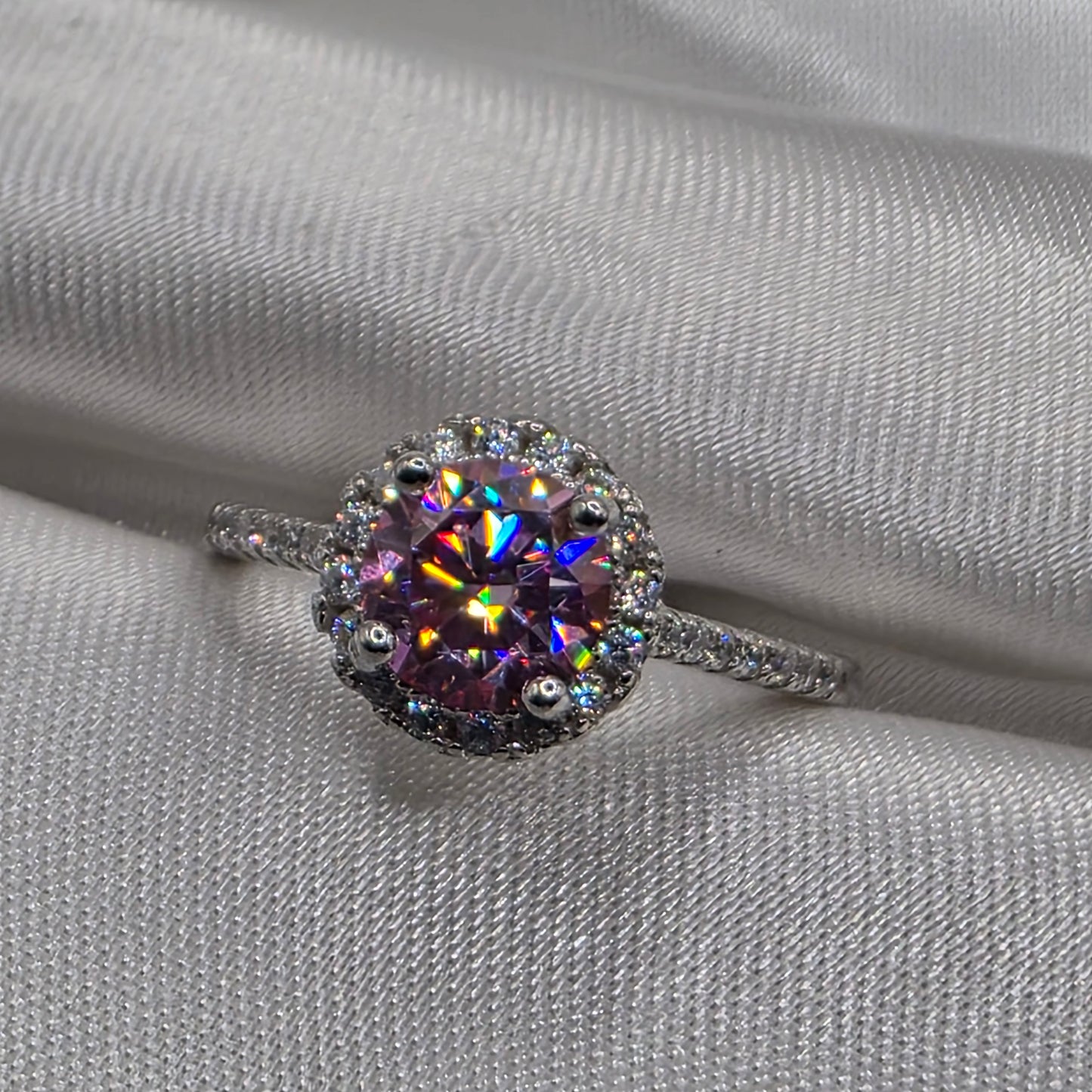 1 Ctw Pink Round Moissanite w Halo, size 6.5