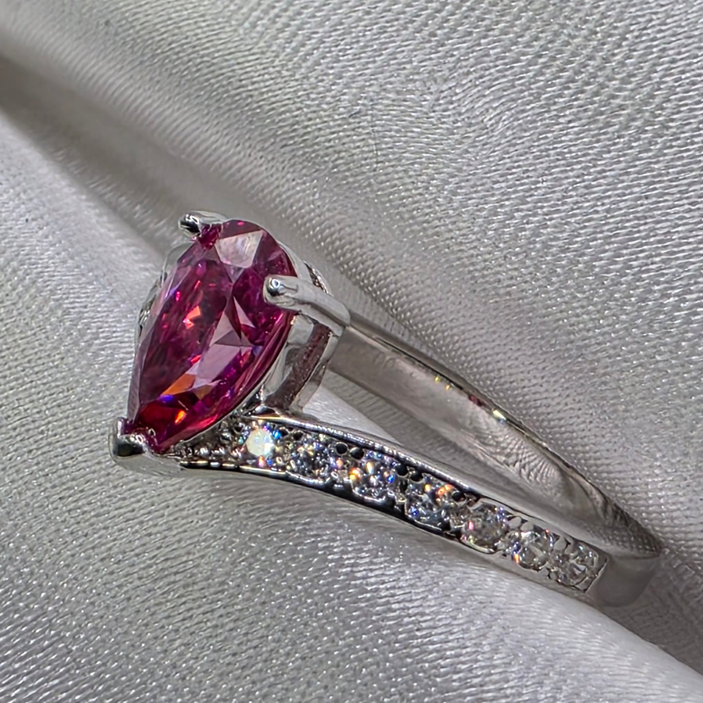 1 ctw Sakura Pink pear moissanite, 18K size 5.75